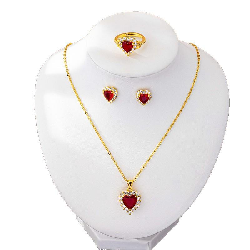 Elegant Vintage Ruby Heart Pendant Necklace and Versatile Women's Earring & Ring Set