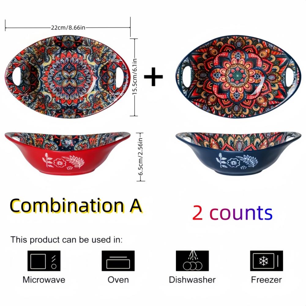Ceramic Salad Bowl Bohemian Novelty Oval Plate with Handle Microwave Safe Boat-shaped Bowl Stackable Food Bowl Fruit bowl-2PCS