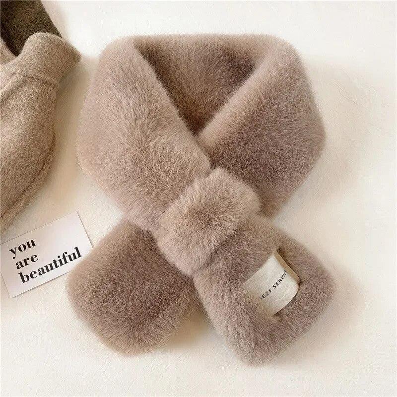 Winter Hairy Snood Scarves Women Faux Rabbit Fur Cross Scarves Solid Color Fluffy Shawls Plush Warmer False Collar Neckerchief