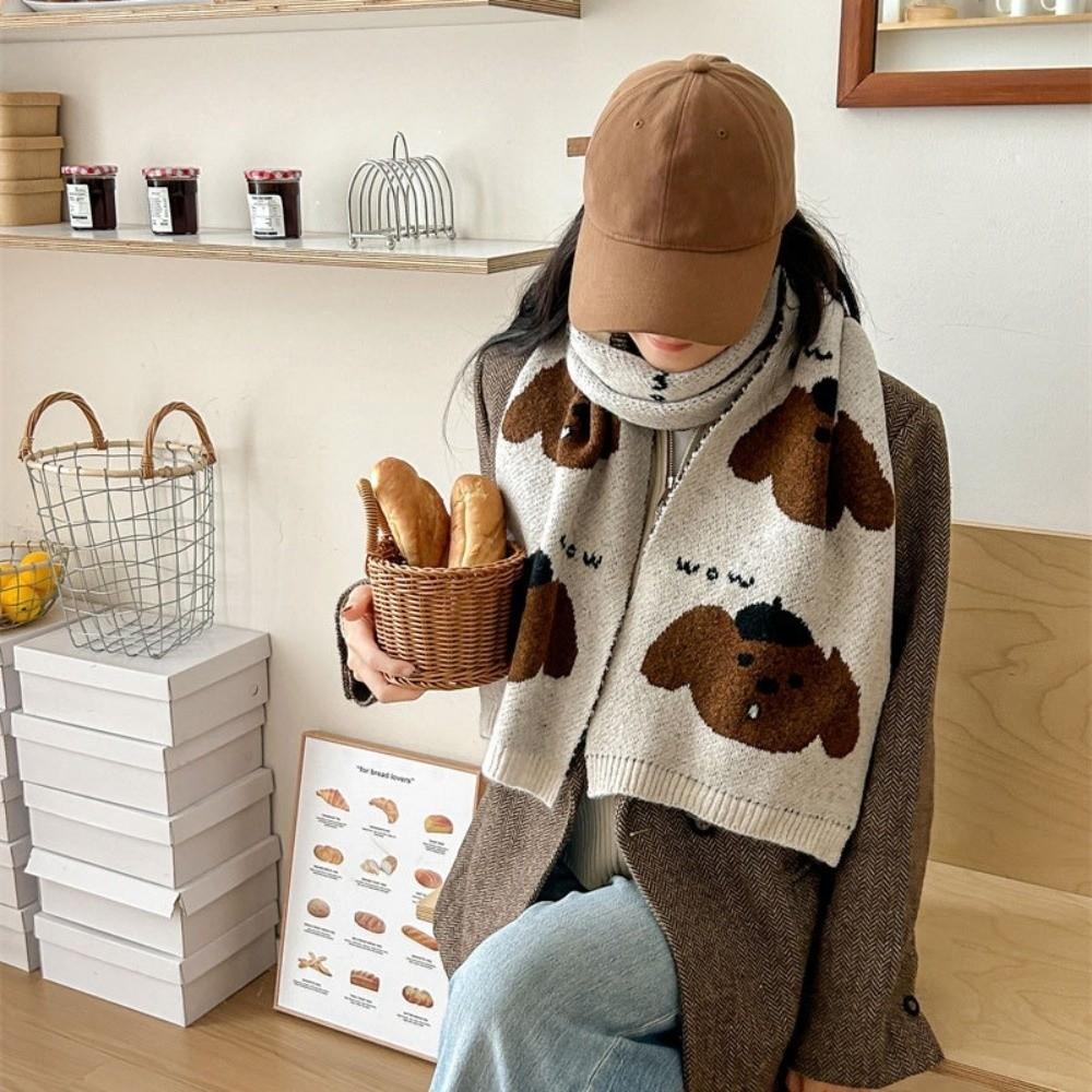 Windproof Puppy Pattern Scarf Lightweight Knitted Shawl Trendy Cashmere Blend Scarf Winter