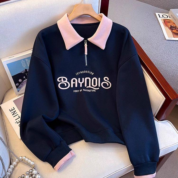 

Women s Plus Size Color Block Polo Neck Hoodie, Letter Embroidery, Fake Two-Piece, Spring/Autumn, Loose Fit, Hoodless 3XL