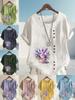 Women's Fashion Purple Flowers Print Round Neck Short Sleeve T-shirt Summer Casual Cotton Linen Graphic Shirt Leisure Loose Blouse Tops