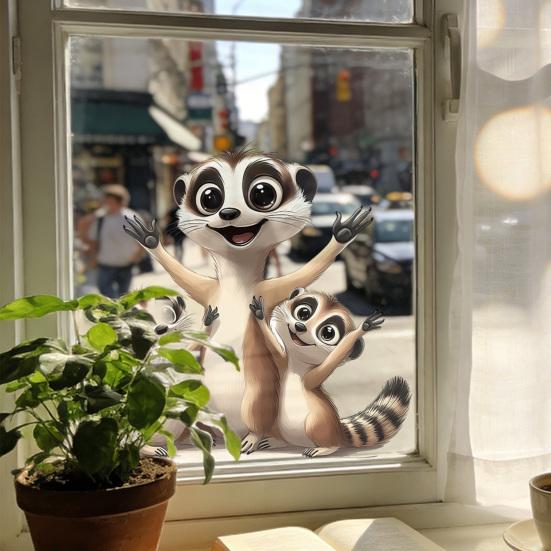 Adesivos Estáticos para Janela Animais Engraçados em Desenho Animado Decalque de Janela Reutilizável Adesivo Impermeável Removível para Quarto Escritório Casa Portas de Vidro Decoração de Janela