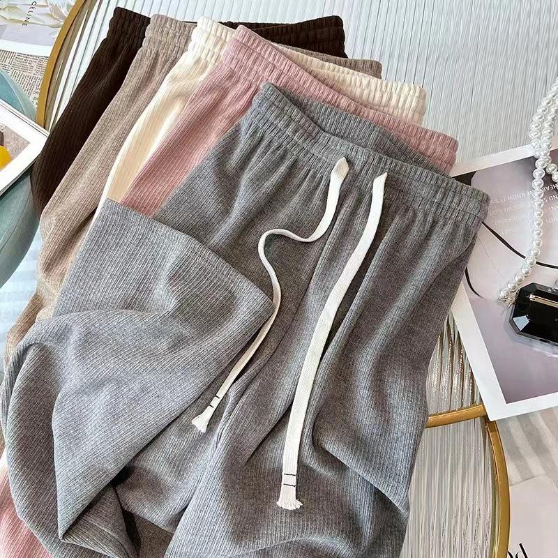 Women's Cream Cashmere Wide-Leg Knit Pants - High Waist, Floor-Length, Solid Color, Autumn/Winter