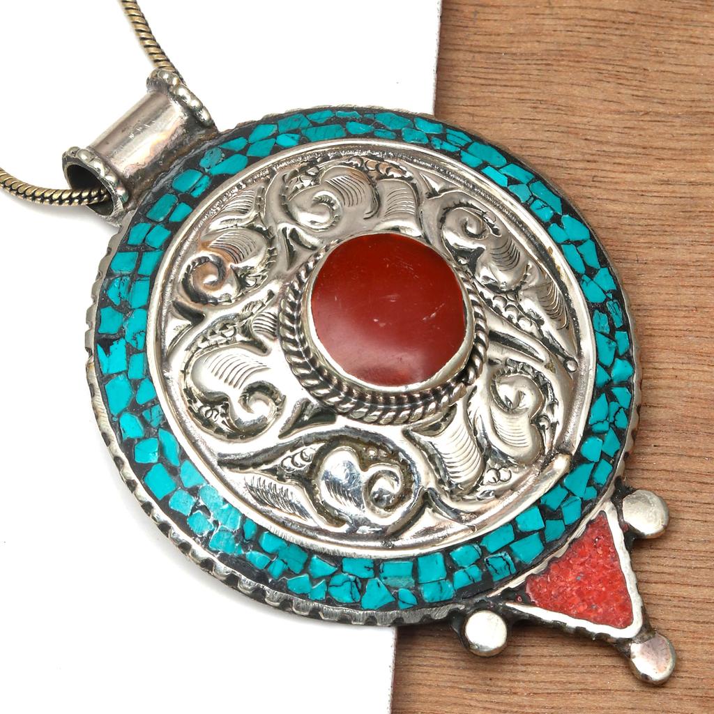 Handmade Tibetan Silver Gemstone Turquoise Red Coral Nepali Necklace Jewelry