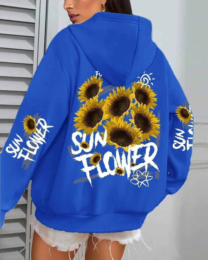 Damen Hoodie mit Sonnenblumen-Graffiti-Print, lockere Passform, mit Taschen