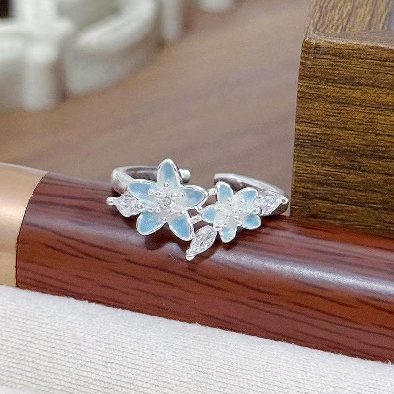 Small Fresh Enamel Ice Blue Flower Opening Ring Super Fairy Diamond Stacked Wearing Personality Sweet Super Fairy Ring Woman