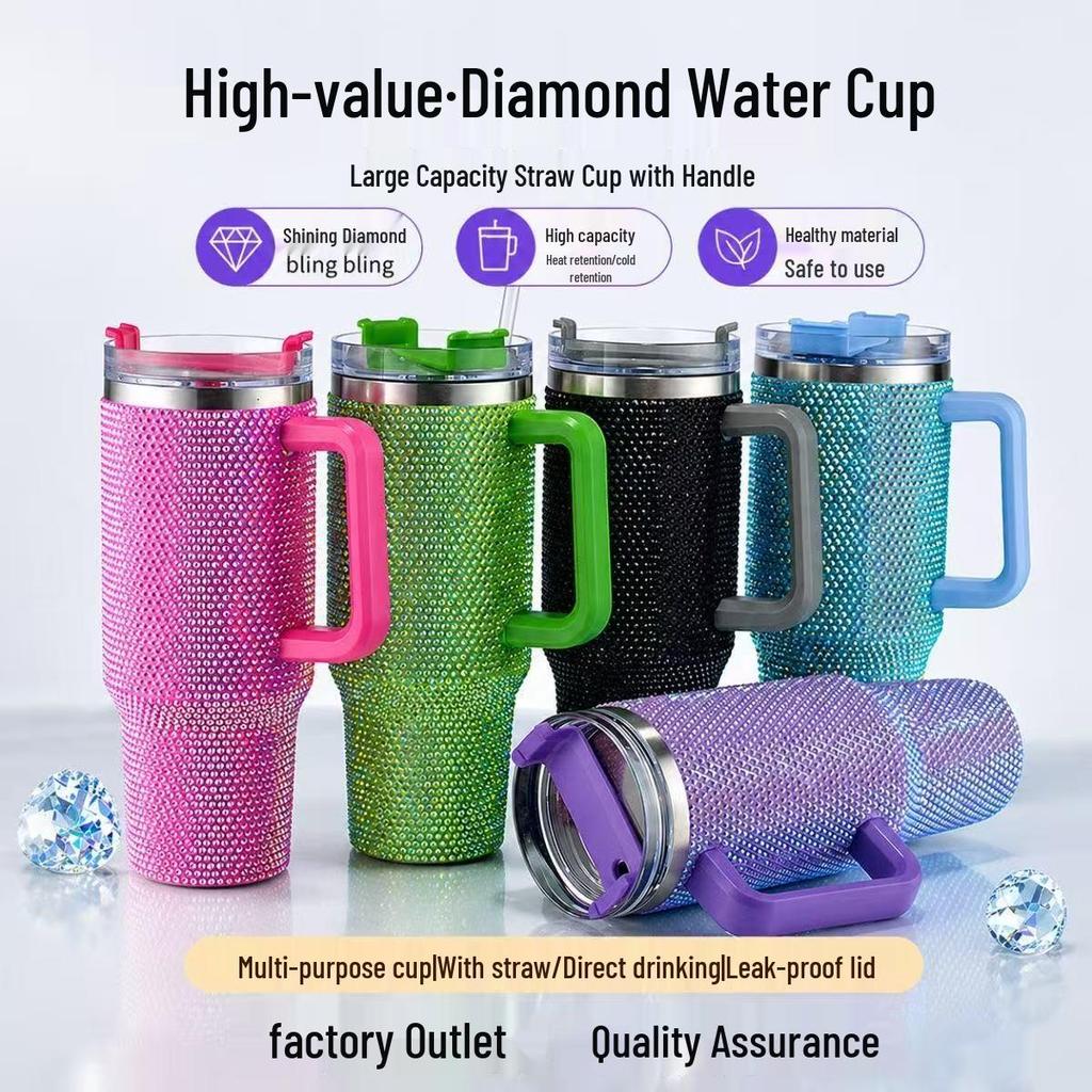 Rhinestone 40oz Stainless Steel Car Thermos with Straw and Handle