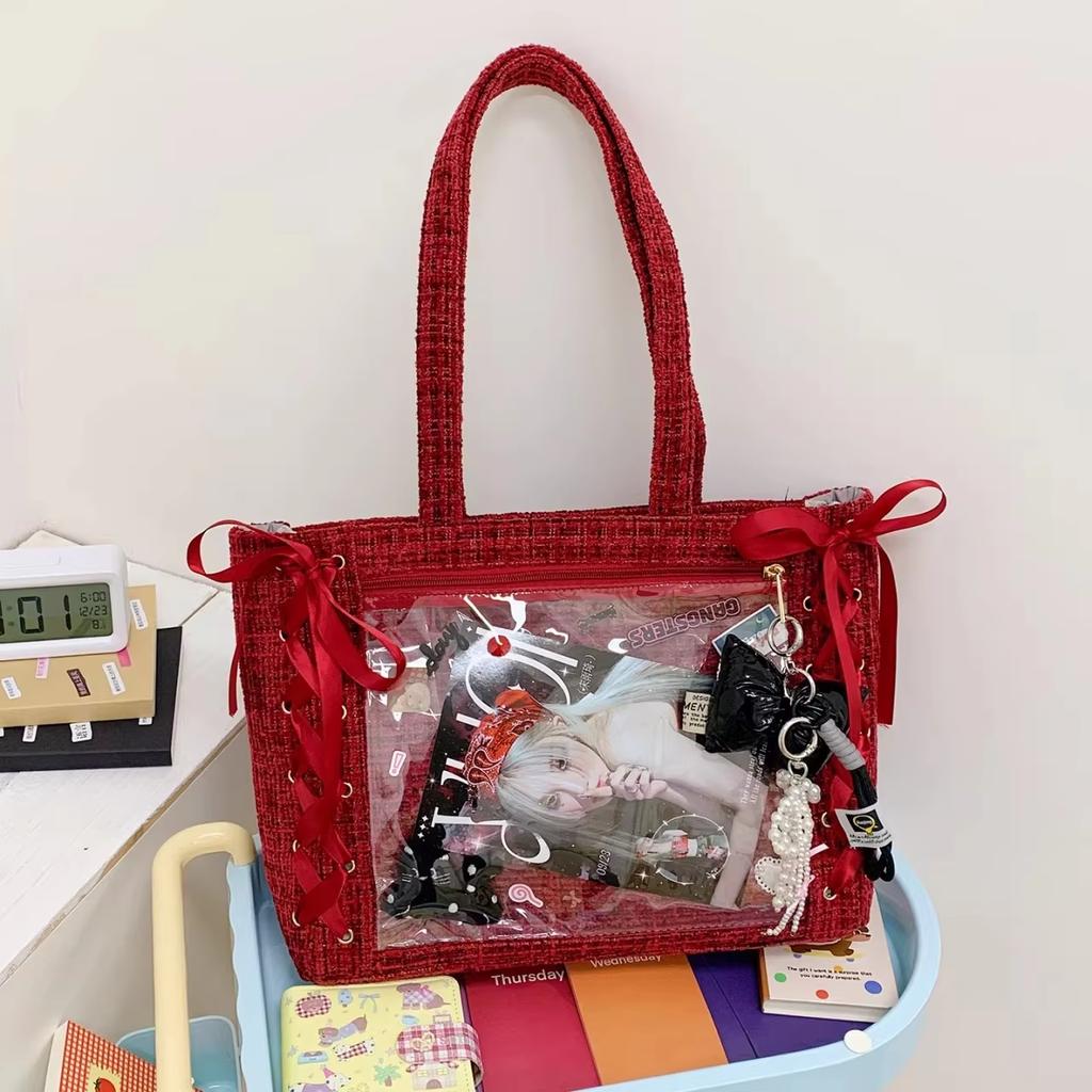 New Y2K Ribbon Bow Japanese Ita Shoulder Bag Cute Girl Transparent Pocket Large Capacity Crossbody Tote Bag DIY Display Handbags
