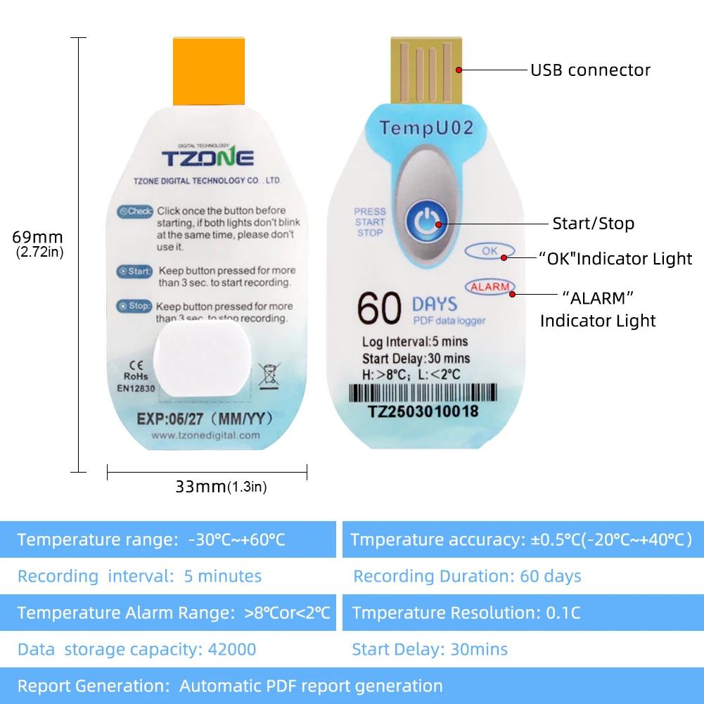 USB Temperature Data Logger Single Use Temp Record 18000 Data Capacity Freezer Logger 60/90/120/180 Days For Cold Chain Storage