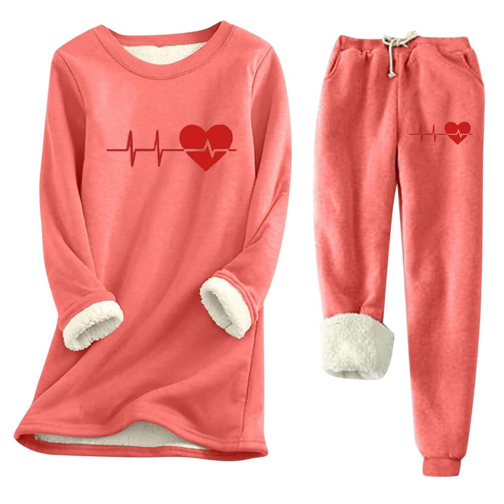 Women's Print Round Neck Warm Suit Long Sleeve Fleece Drawstring Sweatpants Two-Piece Set