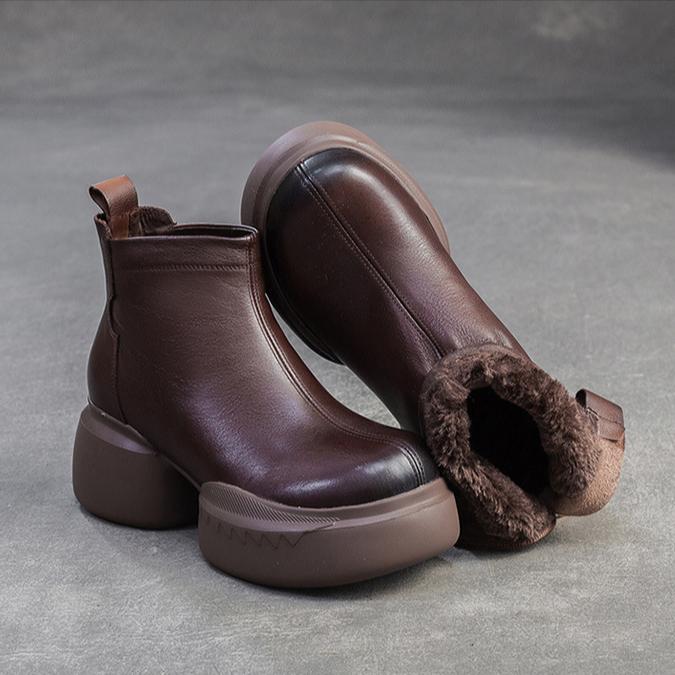 Johnature Plush Warm Thick Soled Short Boots Genuine Leather Round Toe Versatile Comfortable Women's Shoes