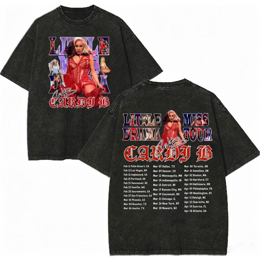Vintage Washed Rapper Cardi B Graphic T Shirts Little Miss Drama Tour 2026 Tshirts Men Women Clothing Hip Hop Fashion Tshirt
