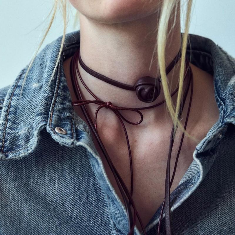 Handmade Leather Choker Necklace Elegant Camellia Flower Pendant Clavicle Chain for Holiday Parties and Everyday Wear
