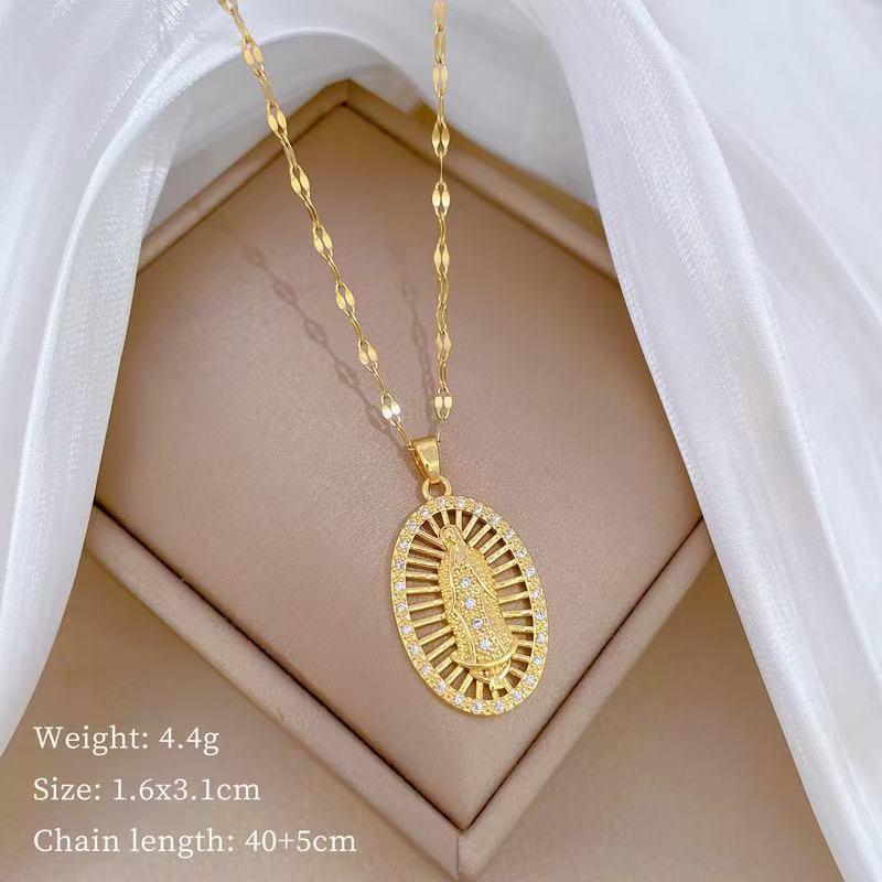 Gold Plated Maria Necklace Cubic Zircon Heart Choker For Women Mary Titanium Steel Chain Religious Jewelry