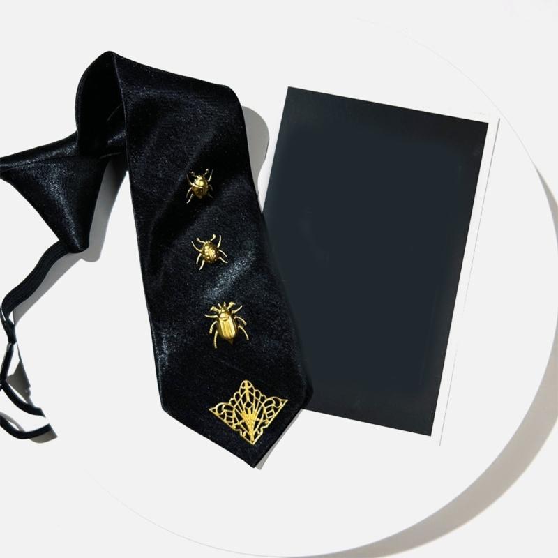 Punk Necktie With Adjustable Elastic Strap And Metal Insect Decors For Men Women Dark Fashion Cosplay Uniform Accessory