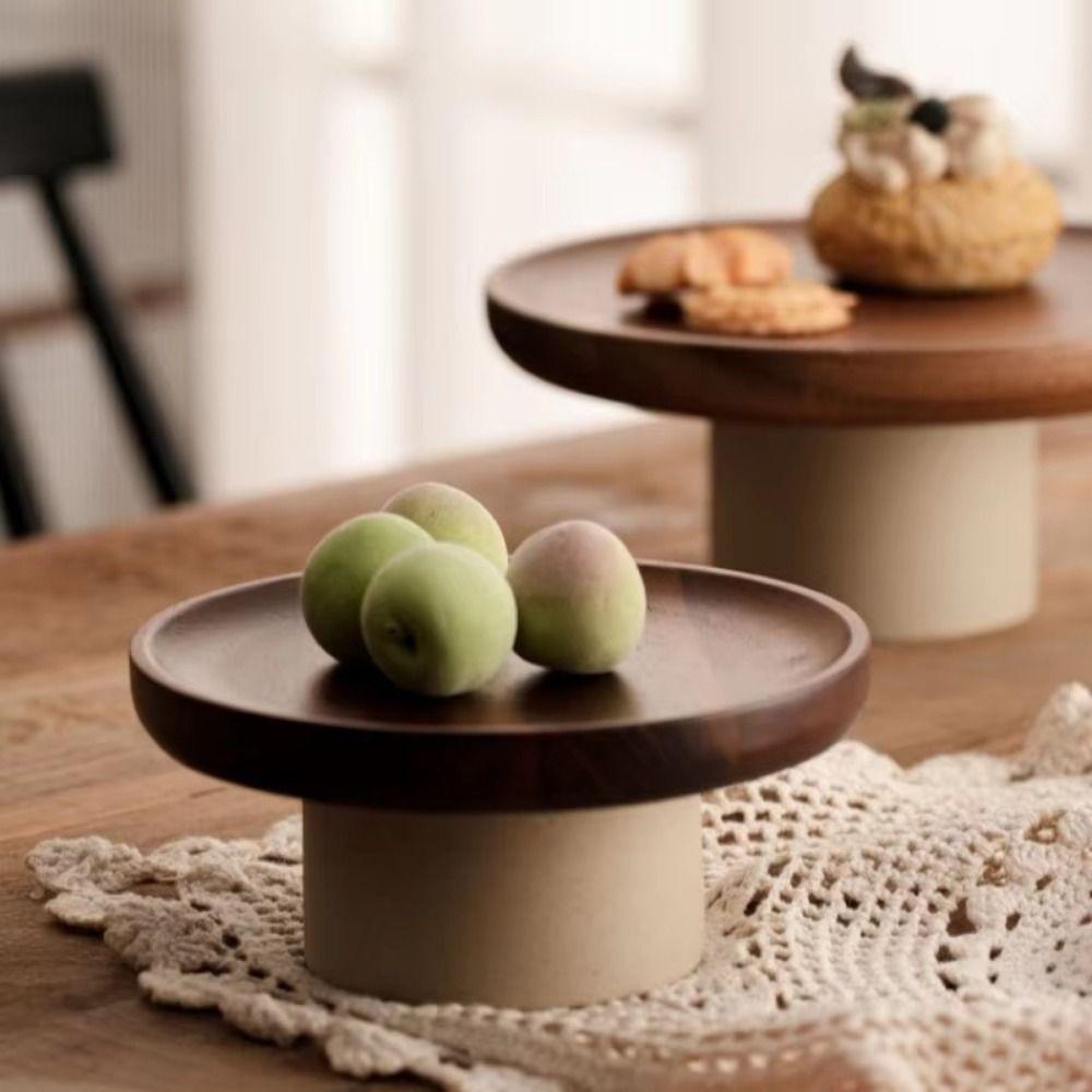 Round Wood Cake Stand Vintage Tabletop Fruit Candy Tray High Feet Fruit Plate  Party Display