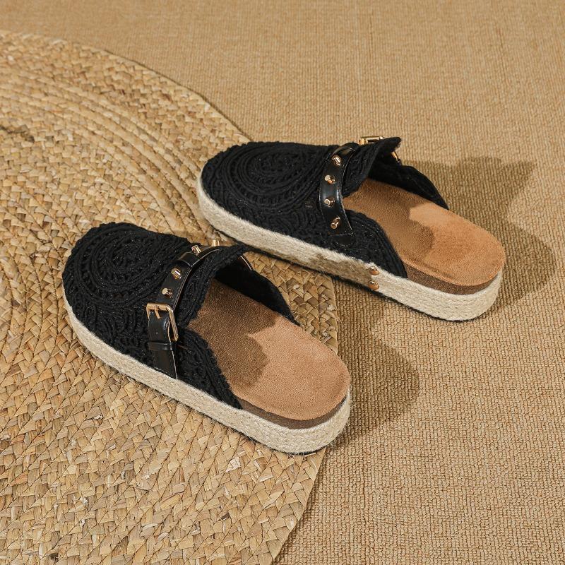 Fashion Flat Shoes Female Slippers Women Summer Slides Fretwork Heels Loafers Cover Toe Fabric Rubber PU Scandals Cotton Round Slippers