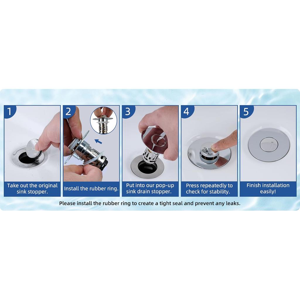 Upgraded 3 in 1 Bathroom Sink Drain Strainer, Universal Pop Up Stopper with Stainless Steel Hair Catcher Filter, Brass Core Chrome for 1.1''-2.36'' Ba