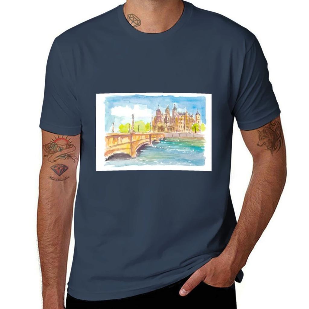 Schwerin Gerunisexy Castle View Watercolor Scene In The Afternoon Light Tshirt Sports Casual Short Sleeve Cotton Tee