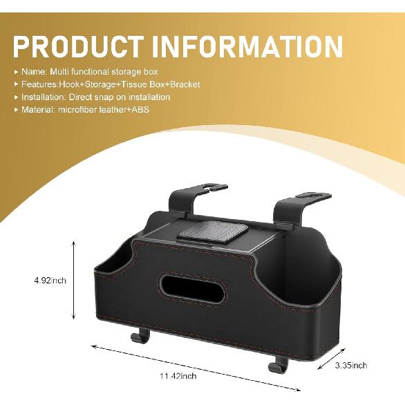 Car Seat Back Organizer, Multi-functional Storage Box for Tissue Water Cup Phone Umbrella Bag, Strong Load-bearing 2 Hooks 2 Drink Cup Holders,