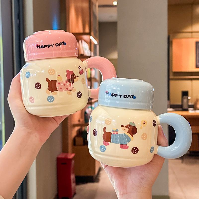 Cute Dachshund Puppy Ceramic Kettle Couple with High Value Mug with Lid To Send Birthday Gifts for Girls