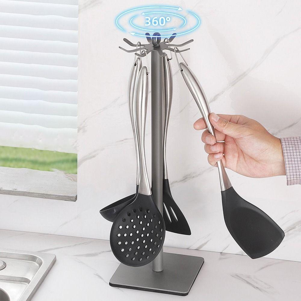 8 Hooks Pot Shovel Rack Stable Base Cooking Utensils Holder Spoon Hanging Rack  for Kitchen