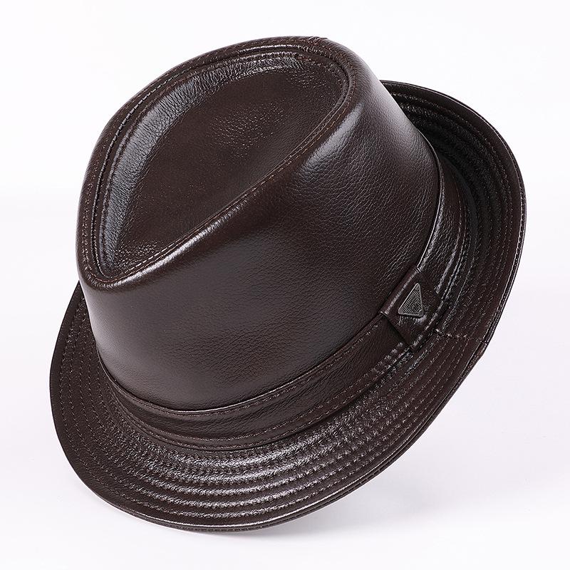 Men's Cowhide Fedora Hat - Autumn/Winter Retro Leather Gentleman's Jazz Cap for Middle-Aged & Elderly