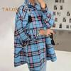 Women Shirt Lapel Long Sleeve Plaid Print Shirt with Flap Pocket Loose Fit Buttons Placket Mid-length Shirt