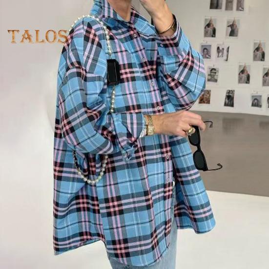 Women Shirt Lapel Long Sleeve Plaid Print Shirt with Flap Pocket Loose Fit Buttons Placket Mid-length Shirt