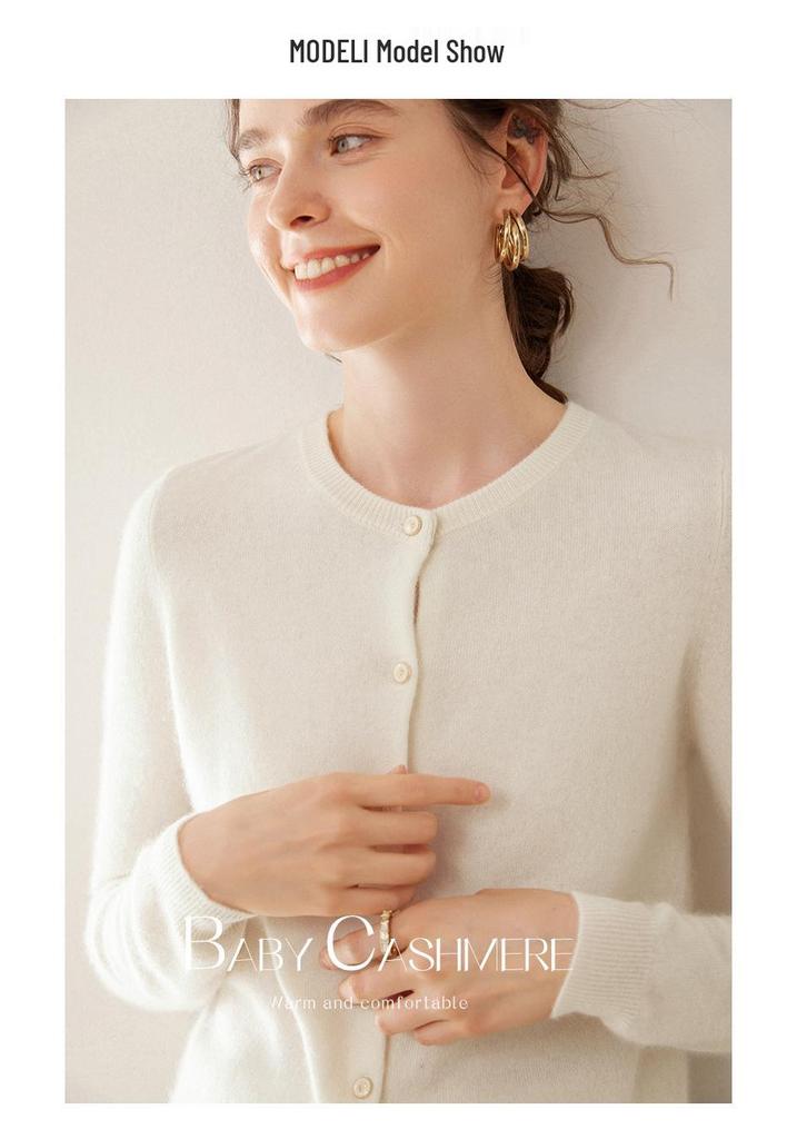 Women's Round Neck Slimming Cashmere Cardigan - Autumn/Winter 2024 Collection, Solid Color Short Jacket