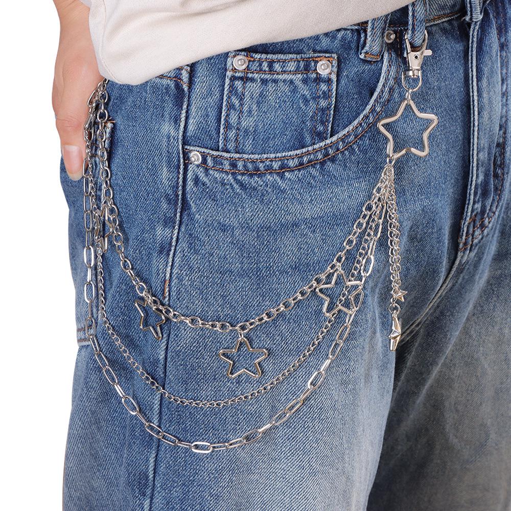 Trendige mehrlagige Metall-Hüftkette mit hohlen Sternanhängern - Vielseitiges Hip-Hop-Hosenaccessoire