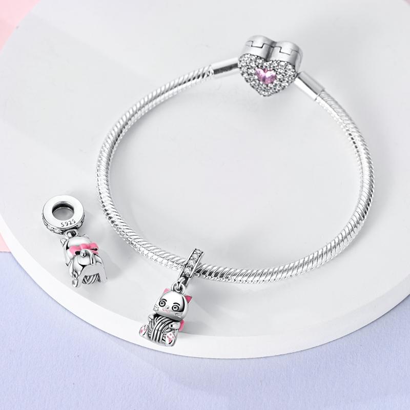 Charm Bead Charms Plata Cute Cat Playing String Ball Pendants Compatible With Authentic Bracelets Charm Bead Charms for Women Jewellery Do It Yourself
