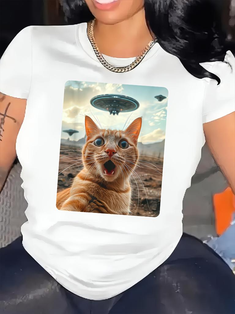 Women's UFO Cat Graphic T-Shirt - Black Short Sleeve Crew Neck Machine Washable Casual Summer & Spring Top