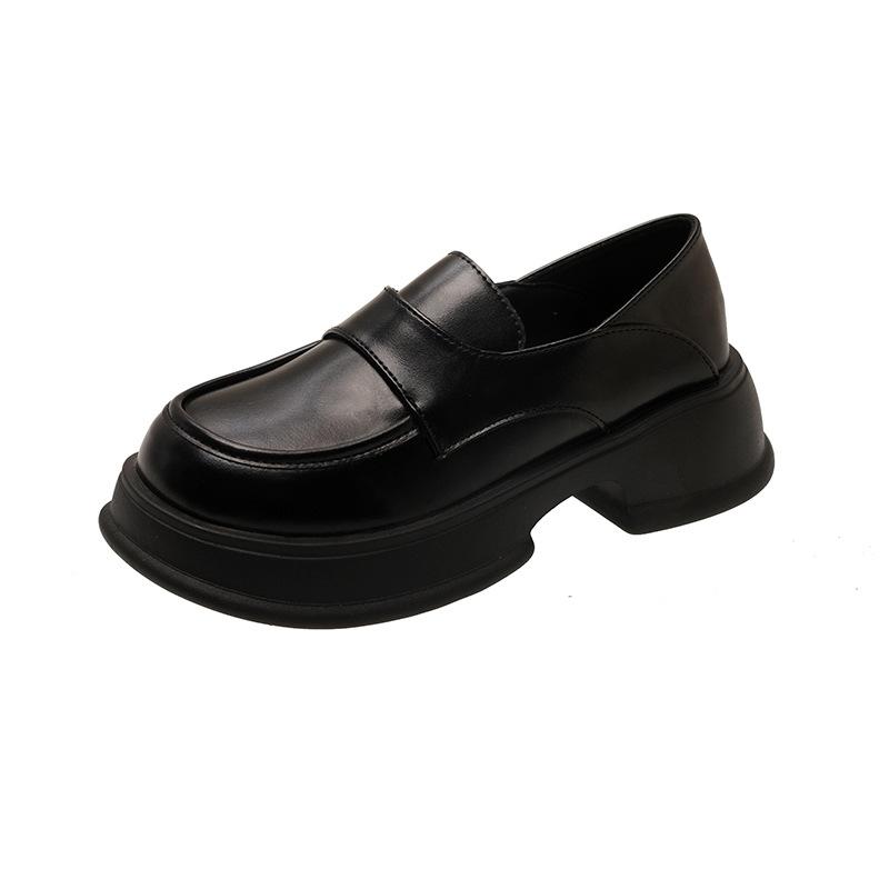 Cowhide Version~ Thick-soled Heightened Loafers, Women's British Style Small Leather Shoes, One Pedal, Genuine Leather, Black Thick Heel Jk Single Sho