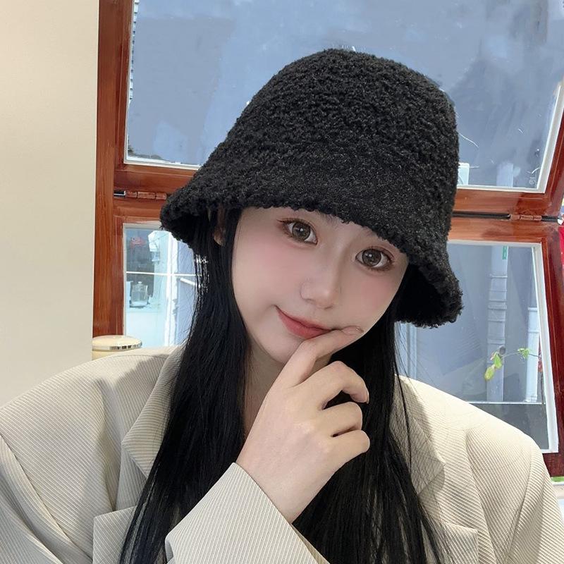 Spring and autumn thickened warm plush lamb wool bucket hat female