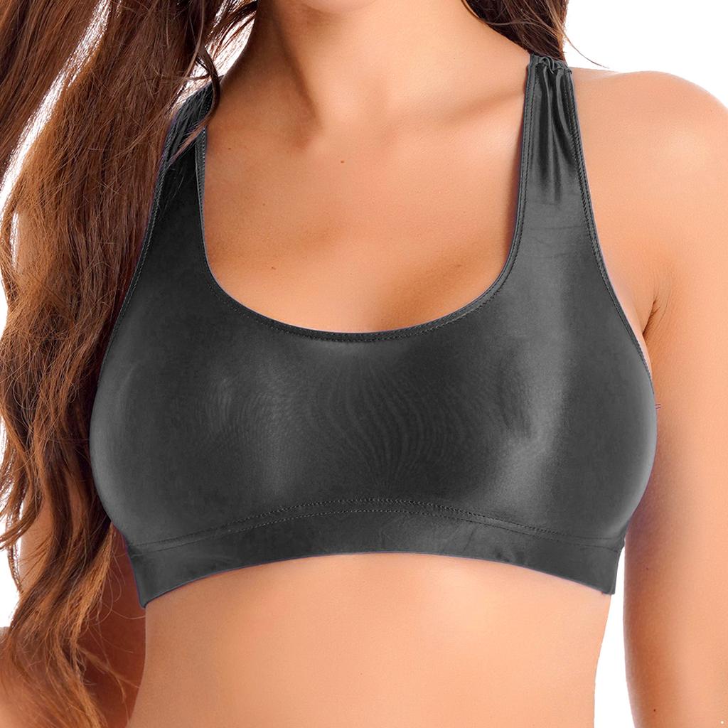 Dámský lesklý tílko s U výstřihem, bez rukávů, zkrácená vesta, jednobarevný design, sportovní, fitness, jóga top