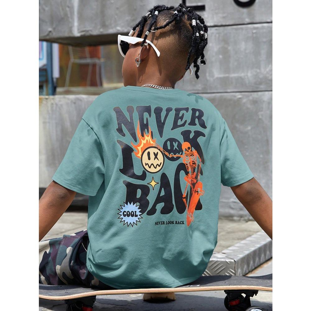 

Літня модна повсякденна футболка з круглим вирізом, коротким рукавом для хлопчика, з принтом слогана та мультяшного обличчя 110cm