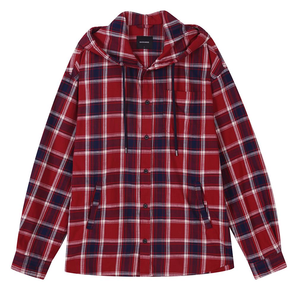 Burkeru Cotton Hooded Check Shirt Red Red_Xl