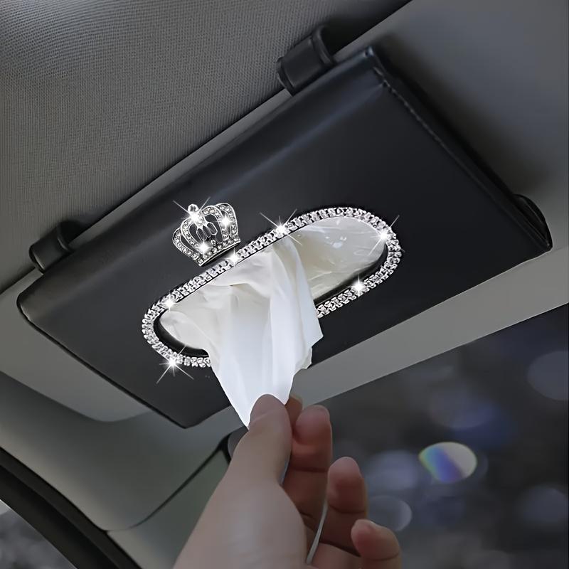 Bling Rhinestone Crown Sun Visor Tissue Box Cover, Hanging Car Tissue Holder Made of Faux Leather, Creative High-End Automotive Accessories.