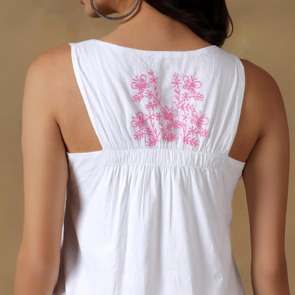 White Cotton Sleeveless Mini Dress | Loose Relaxed Fit Casual Dress, Resort Holiday & Beach Cover Up, Handmade
