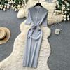 Solid O-neck Knitted Sweater Dress for Women Summer Autumn Short-Sleeve Single-Breasted Tie-Waist Slimming Elegant Bodycon Dress