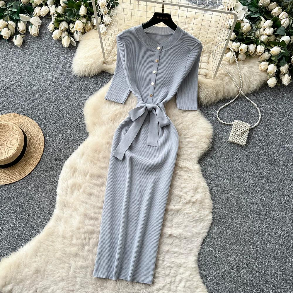 Solid O-neck Knitted Sweater Dress for Women Summer Autumn Short-Sleeve Single-Breasted Tie-Waist Slimming Elegant Bodycon Dress