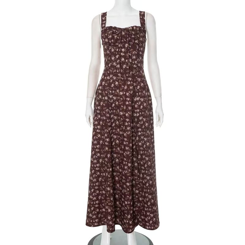 

Fashion Style New Arrival Floral Print Sling Slit Dress Printed Slit Camisole Skirt Brown S