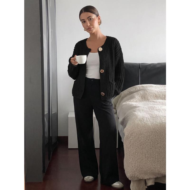 Women S Knitted Cardigan Round Neck Long Sleeve Button Front Lazy Style Sweater Coat