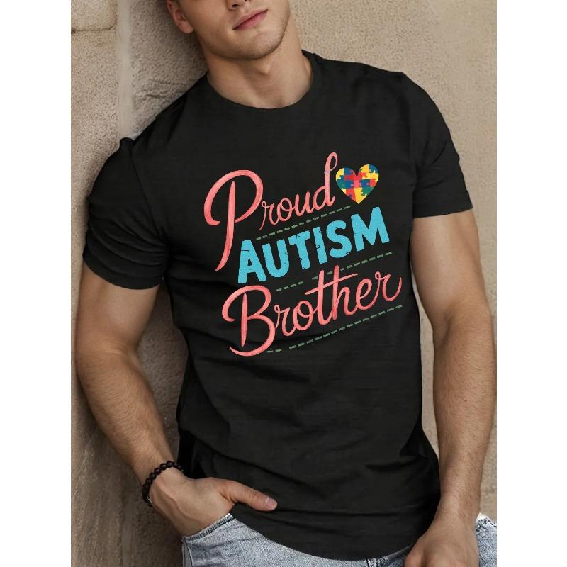 

Proud Autism Brother Men s T-Shirt - Casual Short Sleeve, Breathable , Geometric Print, Round Neck - Machine Washable Summer Top 4XL чорний