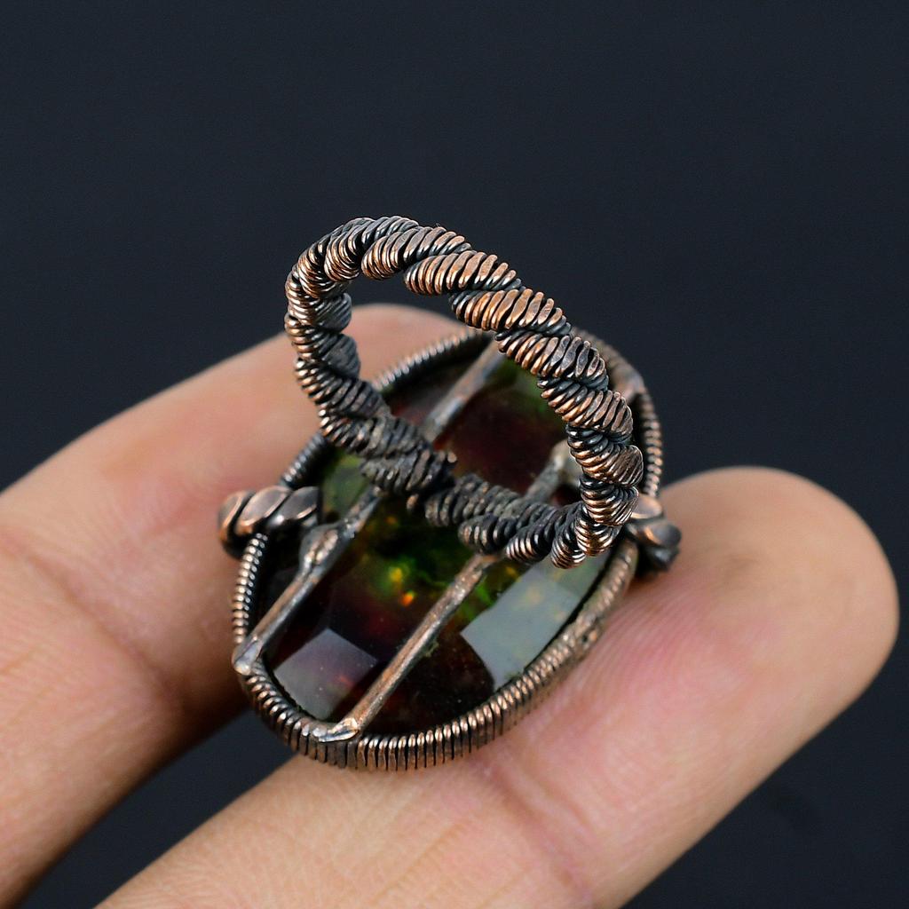 Ammolite Gemstone Copper Wire Wrapped Handmade Jewelry Ring All Size