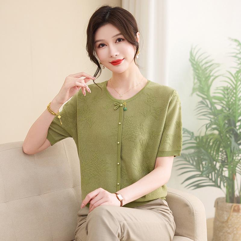 

2026 New Summer Short Sleeve Ice Silk T-shirt for Young, Middle-Aged, and Elderly Women - Chinese National Style 3XL (Recommended 120-135 jin) зелёный