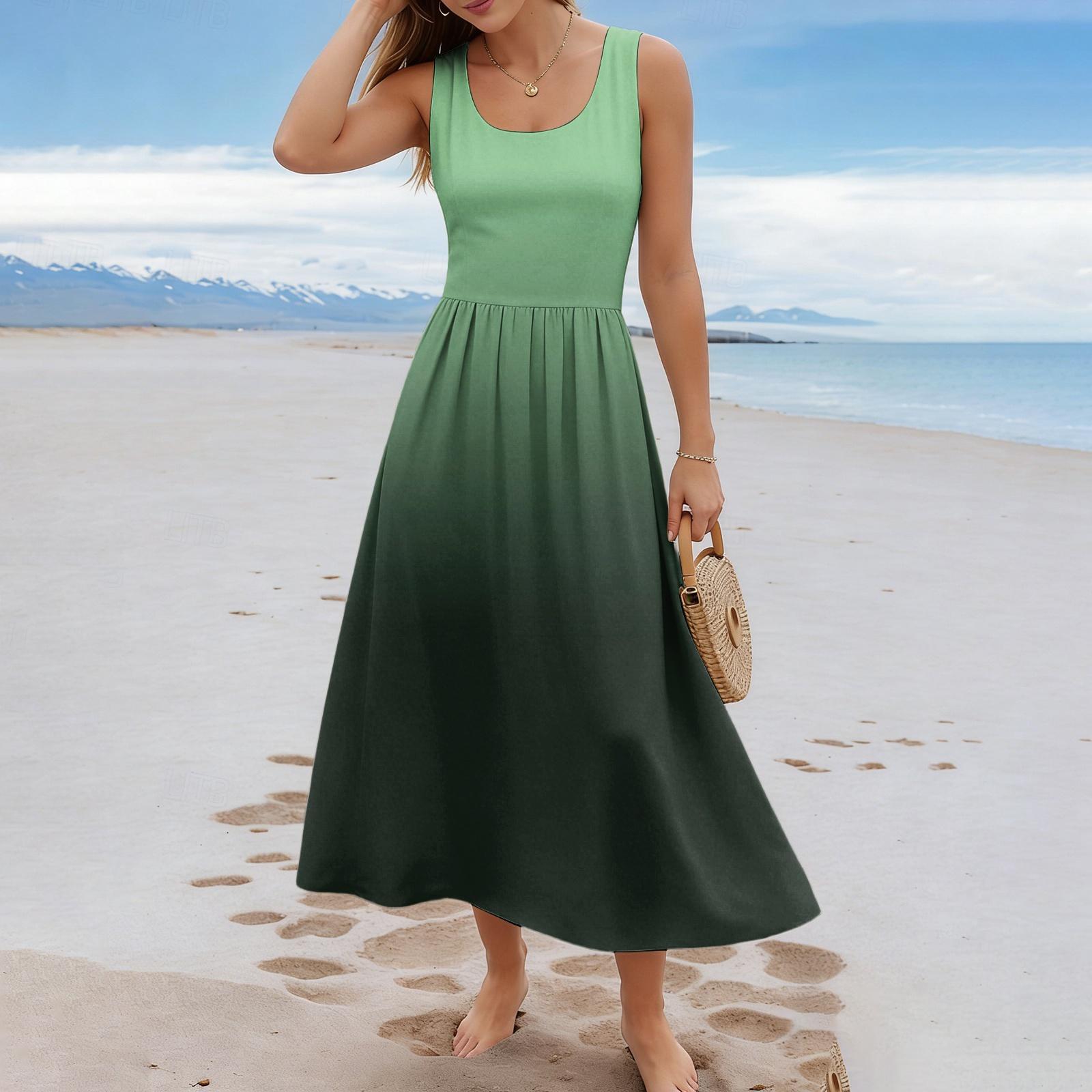 Ladies  gradient printed summer casual and fashionable sleeveless long dress L