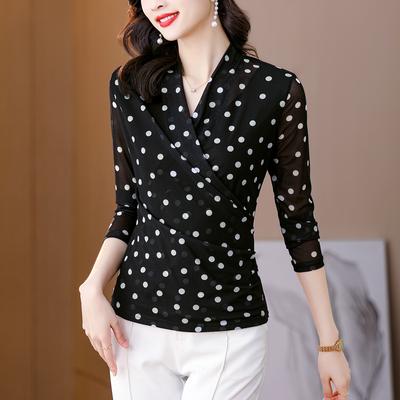 Chemise à manches longues pour femme, imprimé pois, col en maille, grande taille, printemps et automne